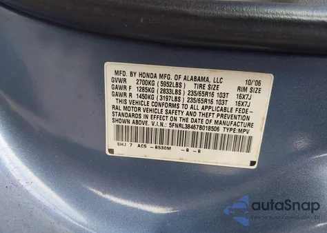 2007 Honda Odyssey Ex from USA, damaged, VIN 5FNRL38467B018506